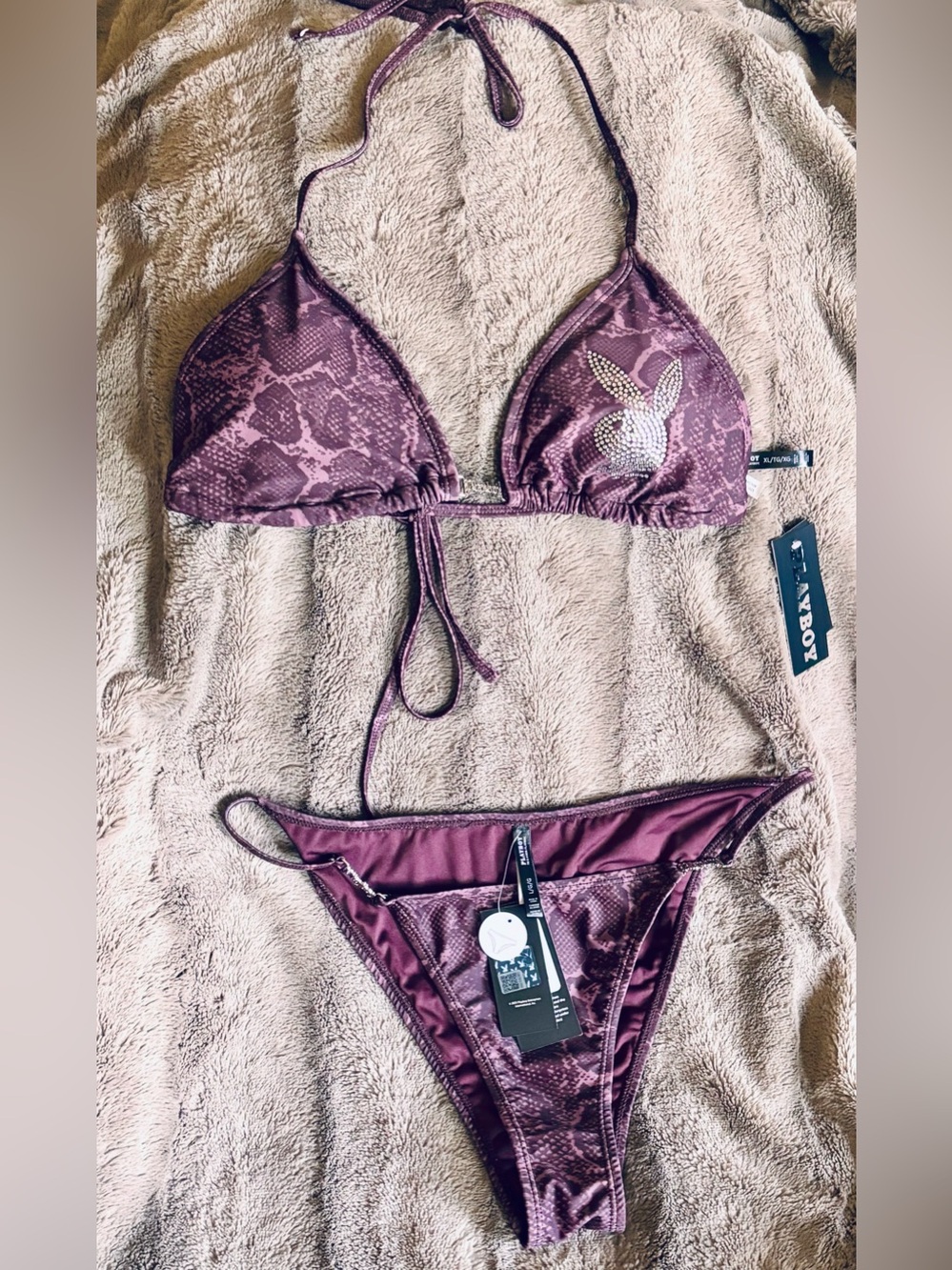 Playboy Snakeskin Pattern Rhinestone Bikini Top - Picture 7 of 8